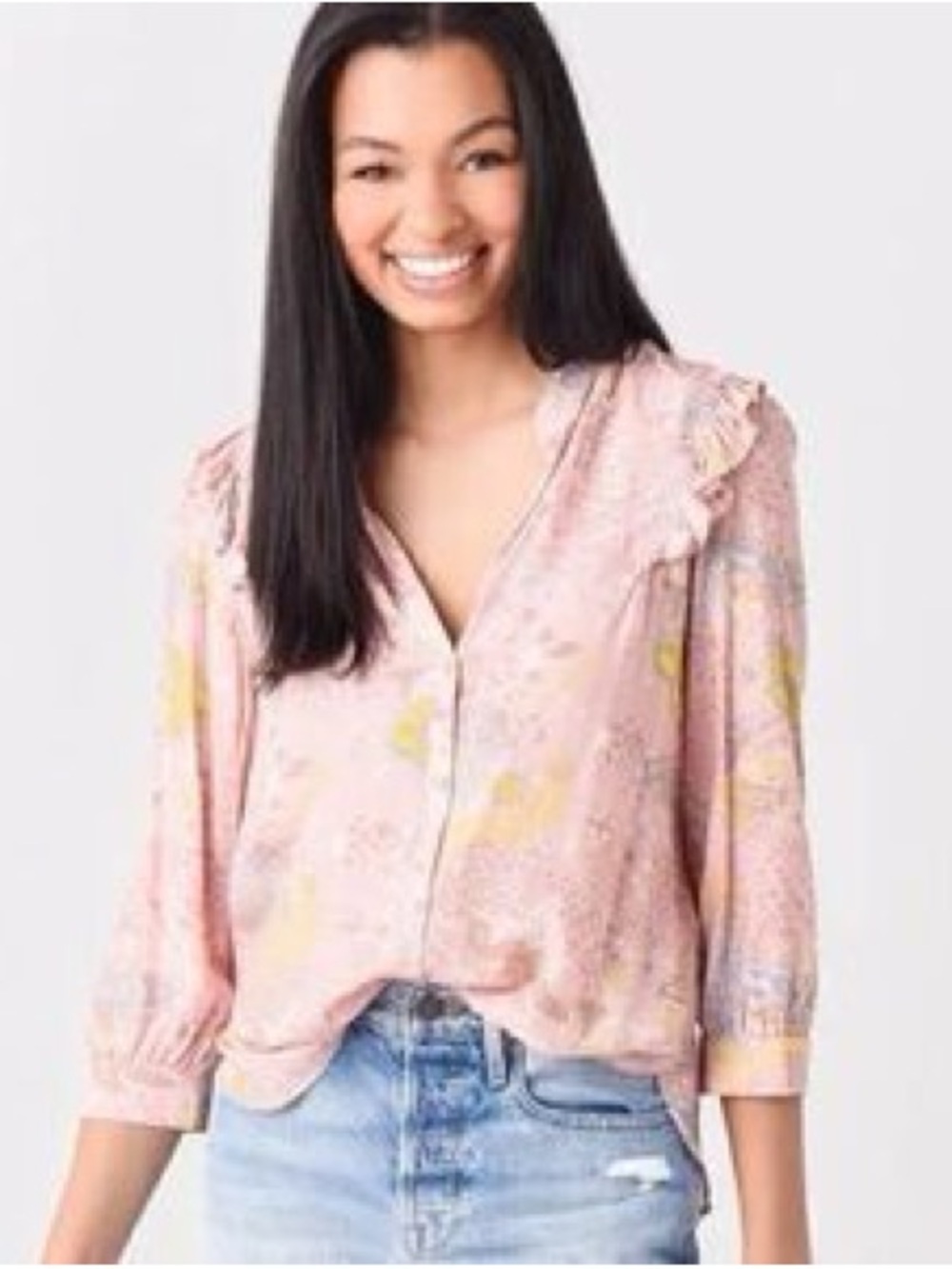 Zadig & Voltaire Pink Floral V-Neck Ruffle Blouse